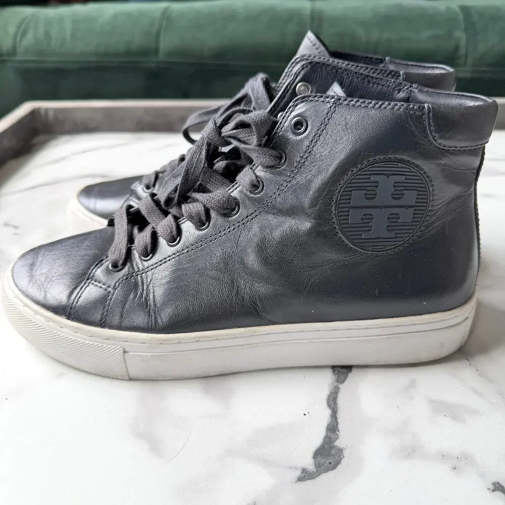 Tory Burch Nola Navy Leather High Top Sneakers Size 6.5